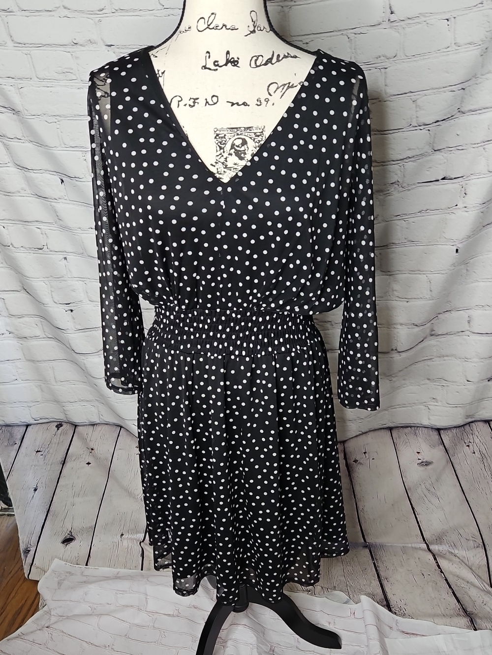 Harper 241 Black/White Polka Dot Stretch Waist 3/4 Sleeve Dress Size Large